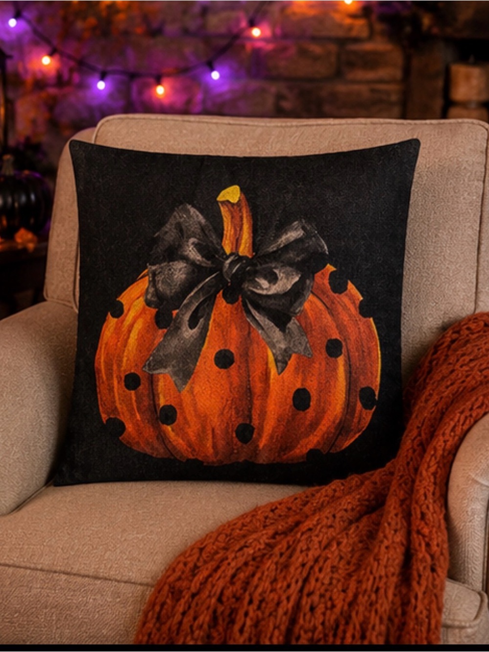 Halloween Pillow COVER orange with black polka dot pumpkin with bow
